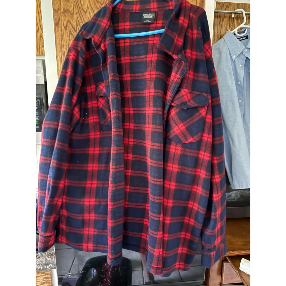 Original Deluxe Mens 2XL Flannel Shirt Red Navy Blue Plaid Button Up Long Sleeve